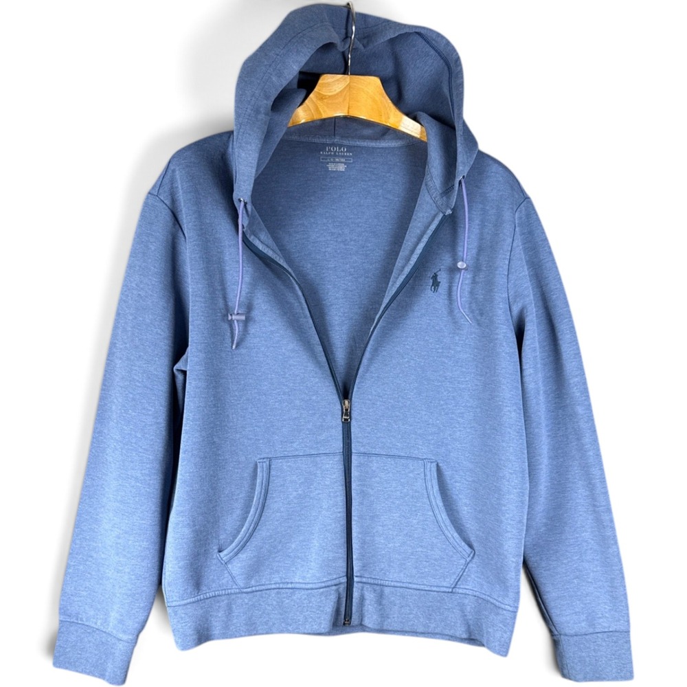Polo Ralph Lauren Hoodie Mens L Blue Full Zip Heathered Pony Logo Preppy Travel